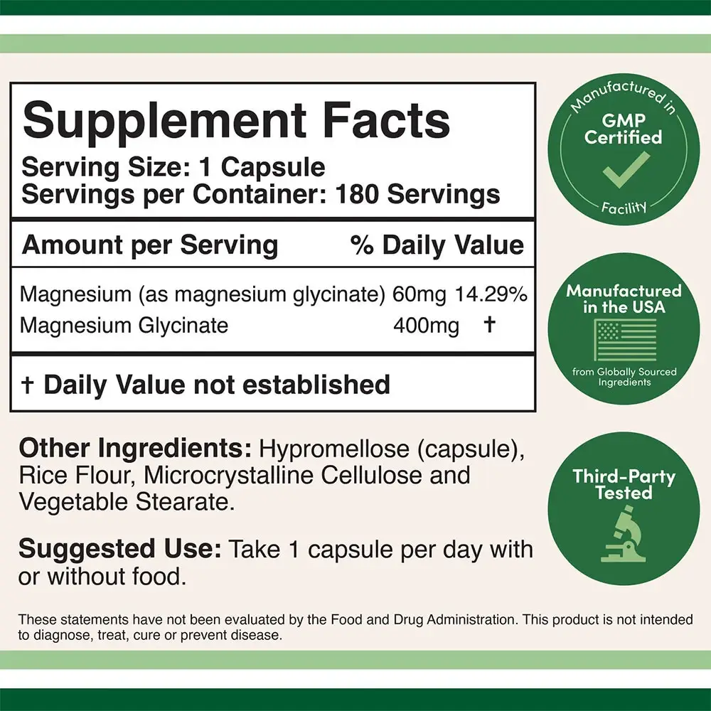 Double Wood Supplements Magnesium Glycinate (180 Kapseln) – Bild 2